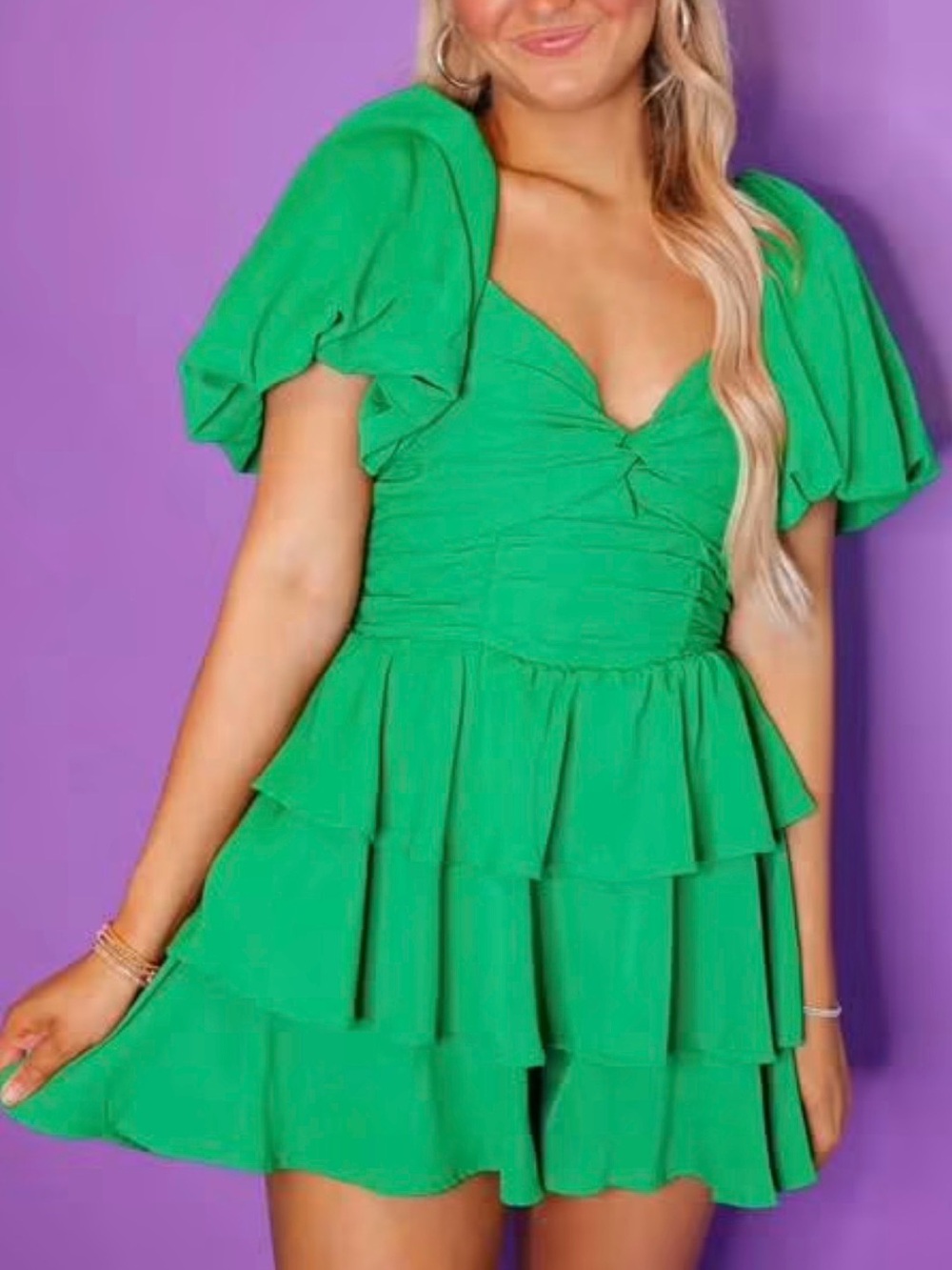 Entro  Bright Green Tiered Ruffle Mini Dress